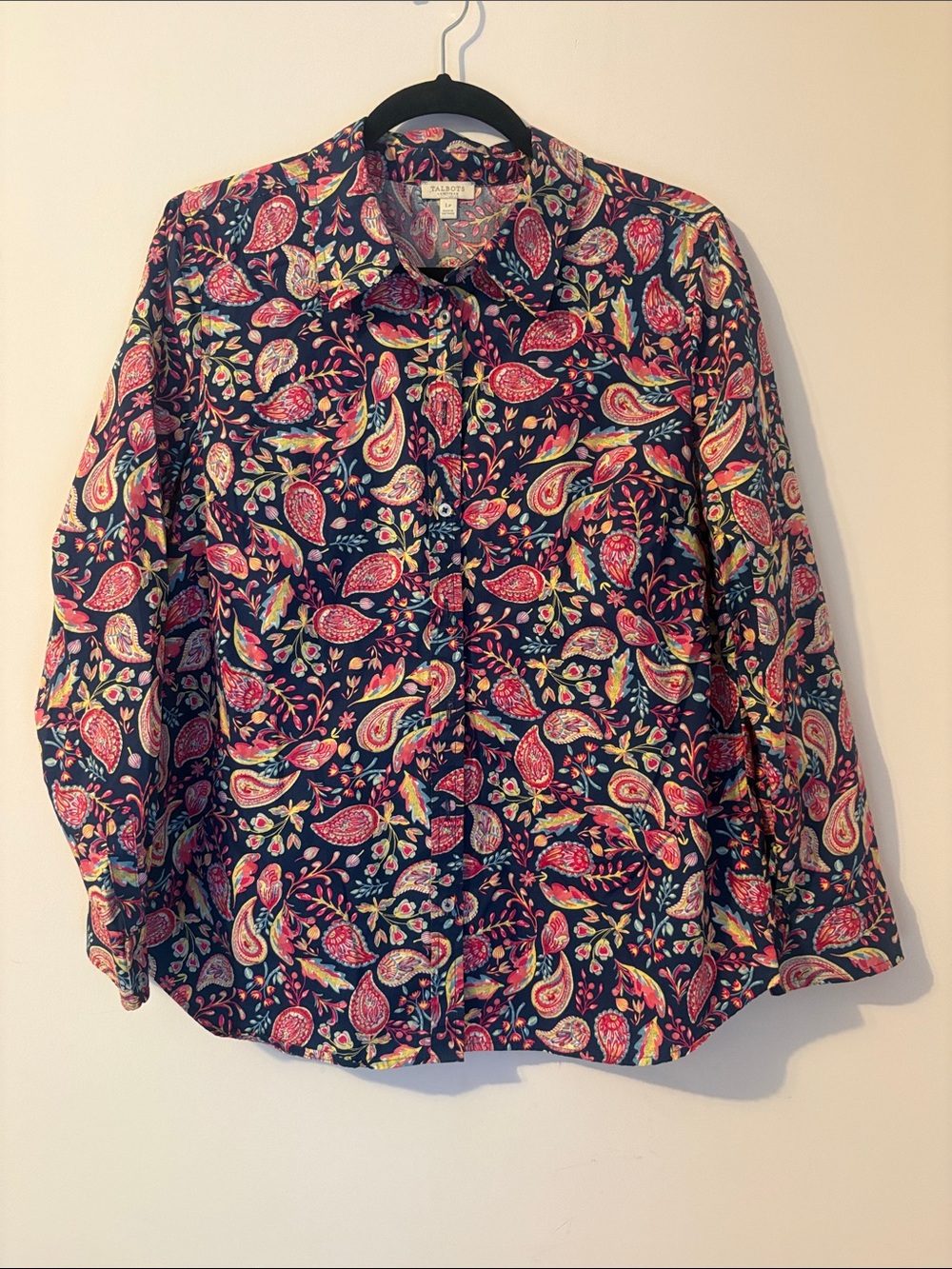 Talbots Navy Paisley Button-Down Shirt with Pink and Yellow Motifs